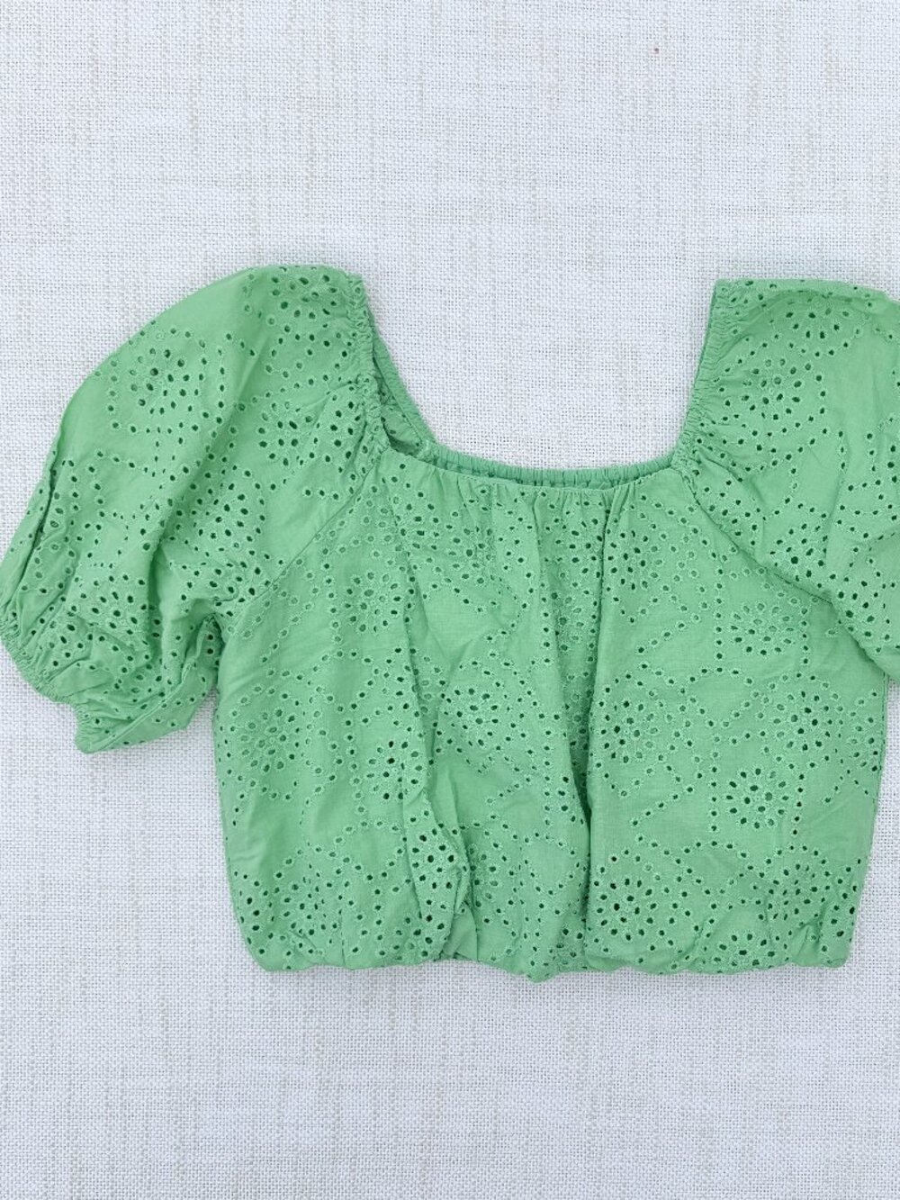 Zara Puff-Sleeve Cropped Top Green Eyelet Cotton Size 13/14